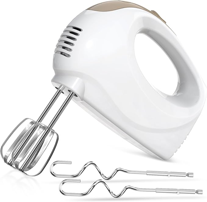 5-Speed Electric Hand Mixer with Whisk, Traditional Beaters, 120 Watts,Portable & Lightweight, Blending or Cooking, Brown