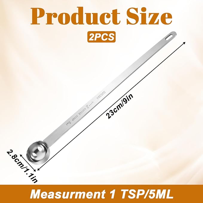 2 PCS 1tsp Long Handle Measuring Spoons 1 Teaspoon Stainless Steel Measuring Spoon 5ml Long Handle Teaspoon Metal Measurings Spoons for Coffce, Tea, Cooking, Baking, Kitchen (Silver)