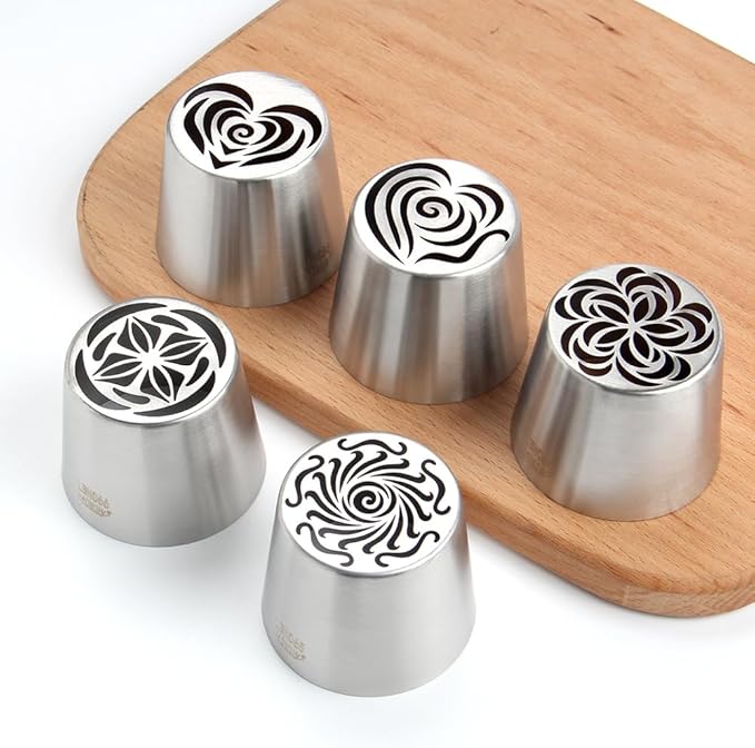 5 Pieces Stainless Steel XXL Russian Icing Nozzle Kit with 1 Ruffle Tip & 1 Clean Brush,Cake Decorating Frosting Piping Tip,Pastry Baking Tools
