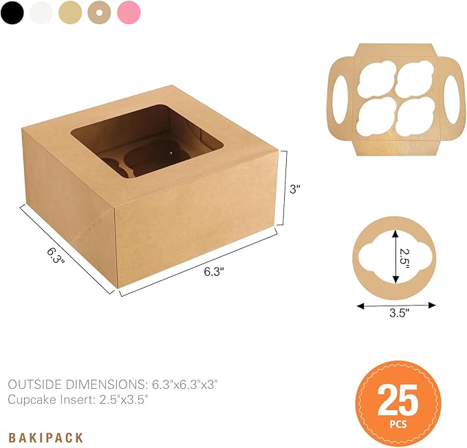 25 Kraft Cupcake Boxes, 4 Count Cupcake Containers with Window and Inserts, 6.3×6.3×3 Inches Cupcake Holders for Cupcakes, Muffins, Cookies, Desserts, Pastries