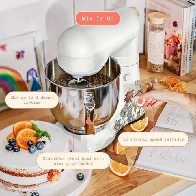 Beautiful 5.3QT 300W Stand Mixer with 12 Speeds, Tilt-Head, Splash Guard & Dishwasher-Safe Accessories, Soft Matte Finish – Mixes Up to 9 Dozen Cookies (Wildflower White Icing)