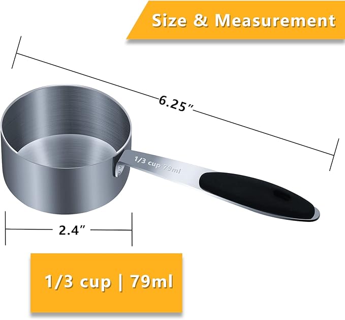 2PCS 1/3Cup (79ml, 2.7oz) Single Measuring Cup with Black Silicone Grip, Stainless Steel Individual Measure Scoop Only