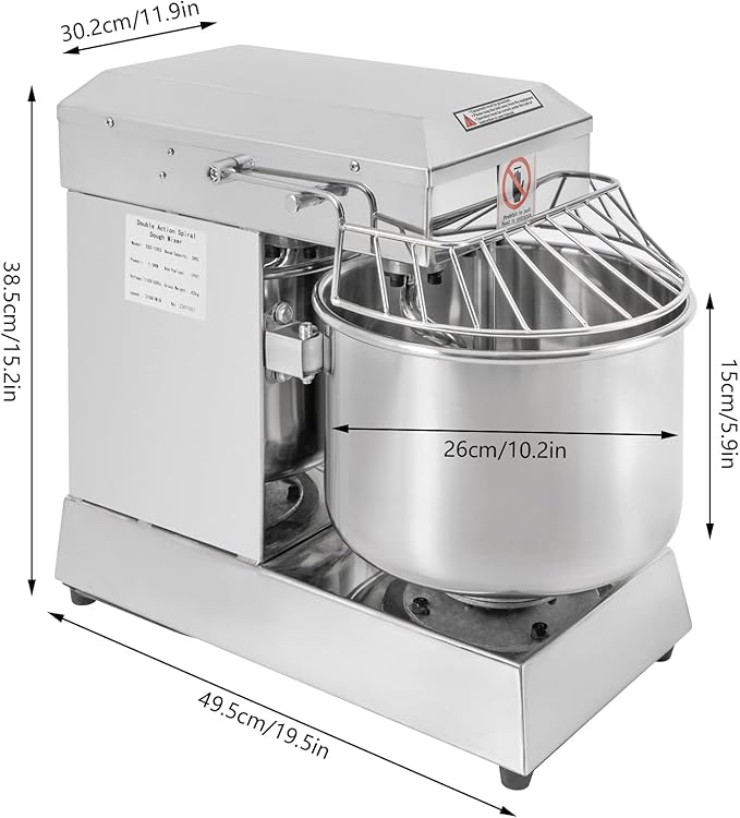 Commercial Food Mixer, 10.5Qt Capacity, 1Kw Dual Rotating Dough Kneading Machine with Stainless Steel Bowl, Security Shield Included, Baking Equipment for Restaurant Pizzeria