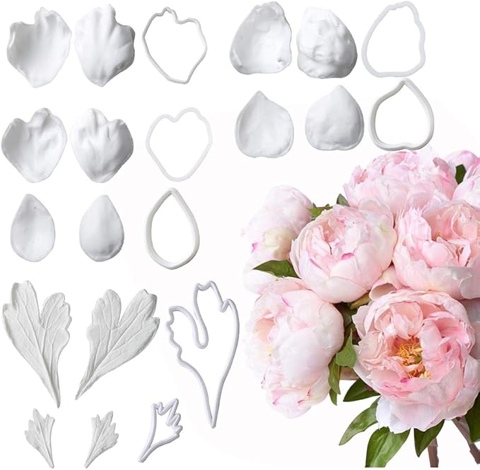 21Pcs Peony Flower Fondant Mold, Reusable Silicone Veining Mold for Cake Decorating, Baking & Sugar Craft