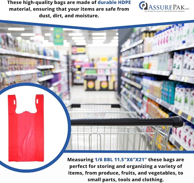 ASSUREPAK Easy Open - 1000 Bags - Colored Unprinted HDPE T-Shirt Bags - 1/6 BBL 11.5"X6"X21" - 13 microns - Red - Perfect for Groceries, Shopping and Retail Stores LOOP-RED-EO
