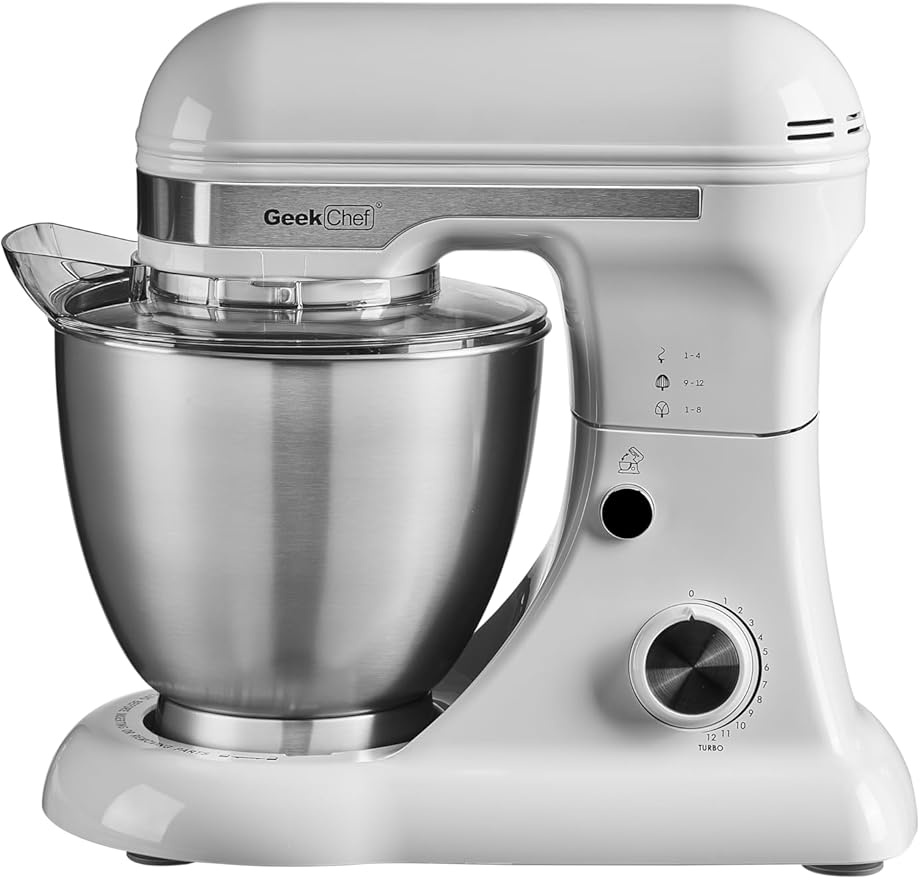 Geek Chef Electric Stand Mixer, 4.8QT 12 Speeds Tilt-head Food Mixer with Dough Hook, Whisk, Beater, Bowl, Rotary Knob for Home Kitchen Use, Gray