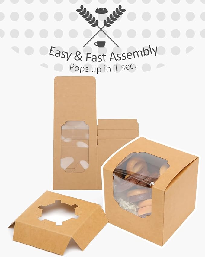 qiqee 60-Packs Cupcake Boxes Auto-pop up Individual Cupcake Container Brown Kraft 3.5" x 3.5" x 3.5" Single Cupcake Boxes
