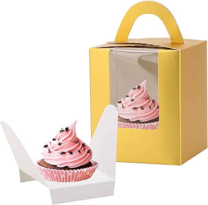 acDesign 100 Pcs Cupcake Holders Individual 3.6in*3.6in*4.3in Cupcake Boxes With Window Handle and Inserts for Bakery Wrapping Party Favor Packing(Gold)
