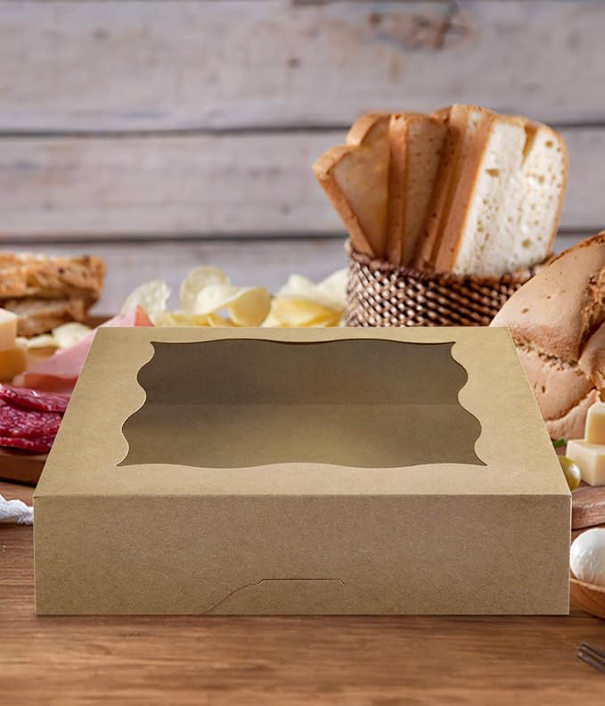 CHERRY 25-PACK 10"x10"x3"Brown Bakery Boxes with PVC Window for Pie and Cookies Boxes Large Natural Kraft Paper Box 10x10x3inch