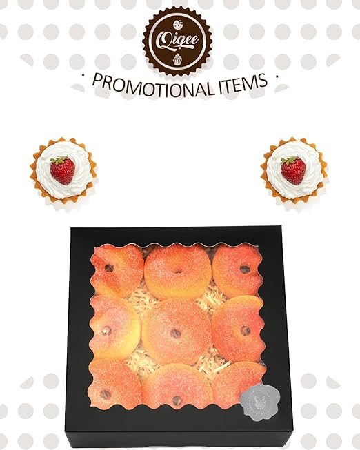 qiqee Auto-pop Up 30pcs Pie Box With Window 9x9x2.5 Inch Donut Pastry Boxes Black Bakery Box