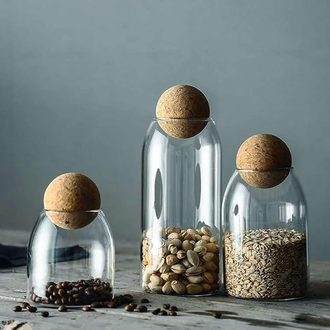 800ML/27Oz Clear Glass Storage Cute Canister Holder Ball Wood Cork Top, Modern Decorative Cylinder Container Jar with Round Lid for Coffee, Spice, Candy, Salt, Cookie Cool Terrarium Bottle