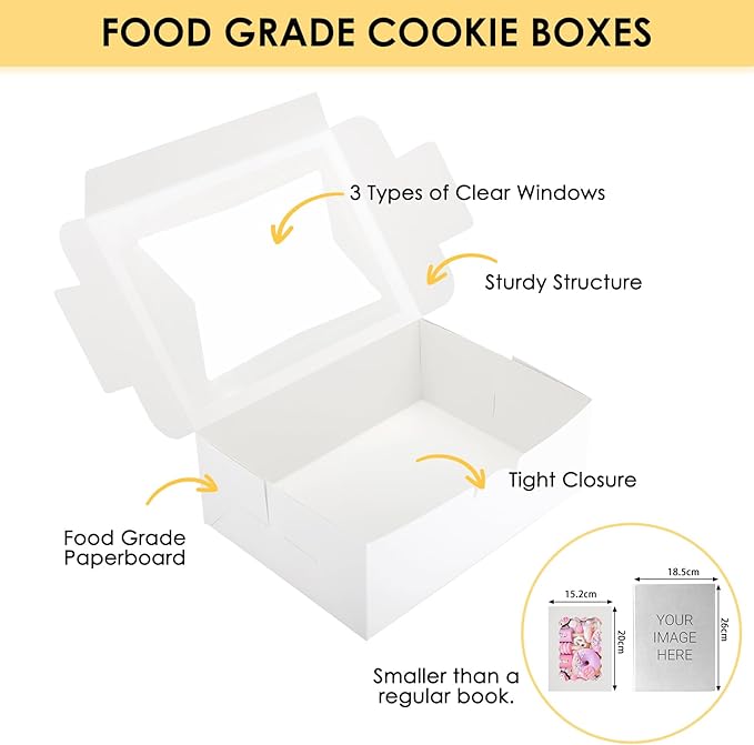 Moretoes 48pcs Cookie Boxes with Window, 8x6x2.5 Inch 3 Style Treat Boxes for Pastry, Chocolate Covered Strawberries, Candy, Muffins, Donuts
