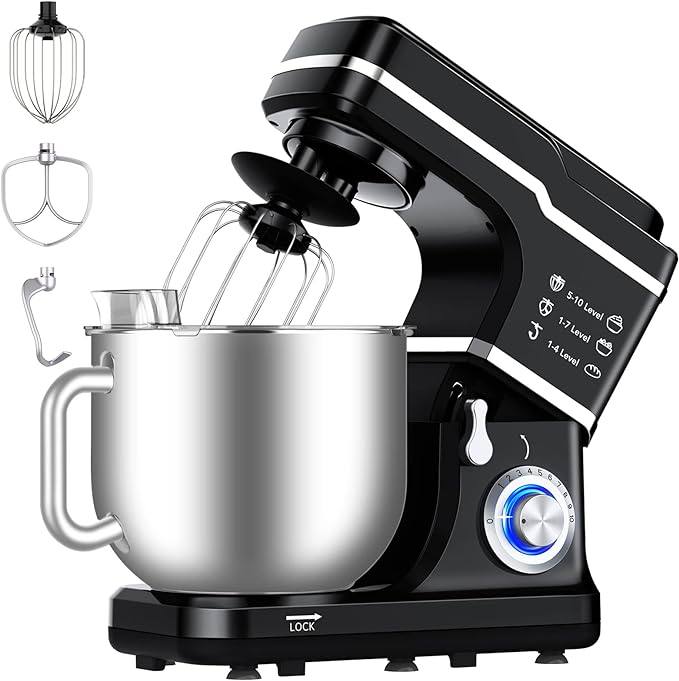 Garvee 7.5 QT Stand Food Mixer, 10-Speed Tilt Head 3 in-1 Kitchen Electric Mixer with Stainless Steel Bowl, Egg Whisk, Dough Hook, Beater, Splash Guard, Compact Dough Mixer for Home Cooks, Black