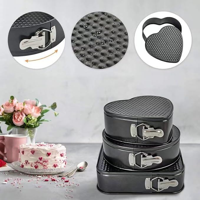Kitchen Tool Cake Baking Supplies Non-stick Removable Bottom Springform Cake Pan Tin Baking Heart Cake Mold Leak proof and high temperature resistant Square roud Heart cake Pans Set of 3