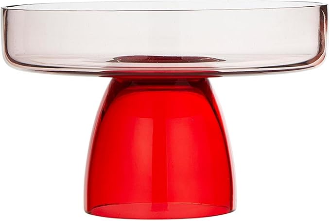 Slant Collections Cake Stand Two-Toned Glass Cake Plate Tabletop Pedestal Dessert Holder, 7" Diameter, Clear/Red