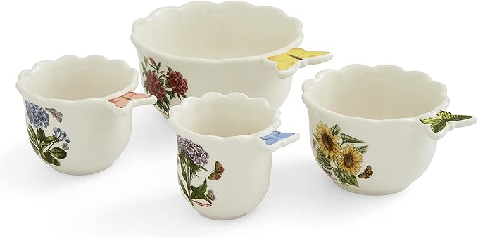 Portmeirion Botanic Garden Bouquet Measuring Cups - Set of 4 with Assorted Floral Motifs, Chip-Resistant Dolomite & Easy-to-Read Oz, Cup, Ml Measurements - Nesting Kitchen Essentials