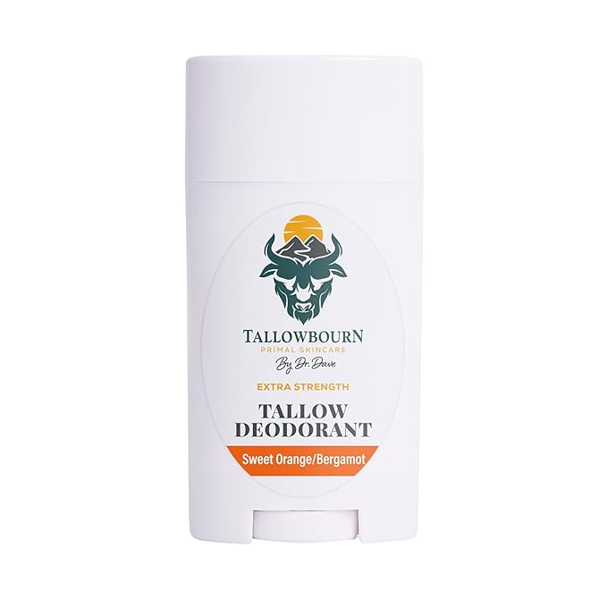 Tallow Deodorant for Men and Women – Extra Strength Aluminum-Free with Beef Tallow, Baking Soda, Beeswax, Coconut Oil and Mango Butter – Sweet Orange Bergamot Deodorant, 3 oz
