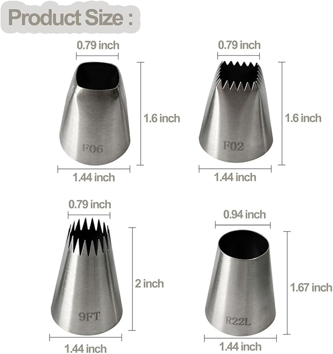4Pcs Extra Large Piping Tips, Cookie Decorating Tools Cake Decorating Tips Frosting Icing Tips Piping Nozzles Baking Tools for Cupcake Cake Cookie Pastry, Food Grade Stainless Steel, F02 F06 9FT R22L