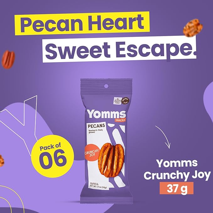 Yomms Crunchy Joy Pecans Halves – Low Sugar Healthy Dessert Snack | Sweet Coconut & Crunchy Pecan Snack | Lightly Sweetened, Honey Roasted Mixed Nuts | Great for Snacking, Salads - 1.3oz - Pack of 6
