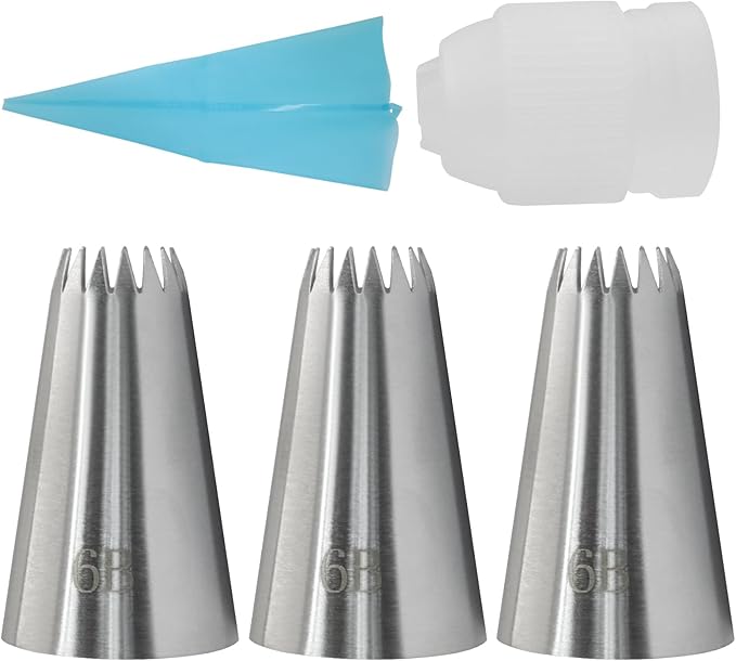 3 Pcs 6B Piping Tips, Stainless Steel Decorating Seamless Nozzles Icing Tips with Coupler Adapter & 12In Silicone Pastry Bag, Baking Tools for Birthday Cakes/Cupcakes/Cookie