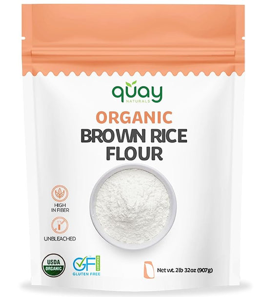 Quay Naturals Organic Brown Rice Flour, 2 lb, Finely Milled, Gluten-Free, Non-GMO, Vegan, USA Grown, Stone Ground, Whole Grain
