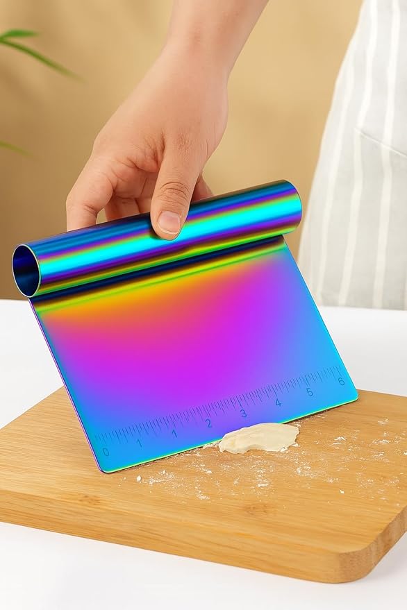 Premium Metal Cake Scraper & Pastry Cutter – Multi-Purpose Stainless Steel Dough Scraper with Ruler – Non-Slip Grip – Ideal for – Gold, Rose Gold & Rainbow Colors (rainbow)