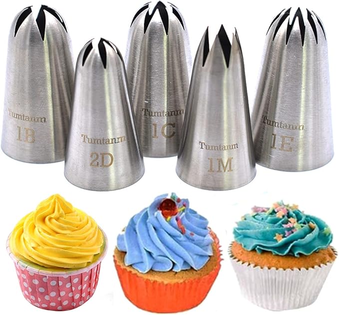 5 Pack Extra Large Piping Nozzles, 1B 1C 1E 1M 2D# Seamless Stainless Steel Piping Icing Tips for Cupcakes