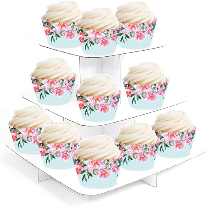 Andaz Press Party Cupcake Wrapper Decorations, Pink Roses and Peonies on Baby Blue, 24-Pack, For Girls 1st Birthday Baby Bridal Shower Tea Party Themed Decorations