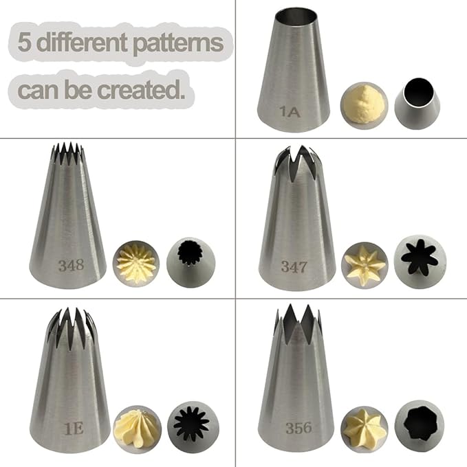 5Pcs Large Piping Tips Set, Cookie Decorating Tools Cake Decorating Tips Frosting Icing Tips Piping Nozzles Baking Tools for Cupcake Cake Cookie Pastry, Food Grade Stainless Steel, 1A 1E 347 348 356