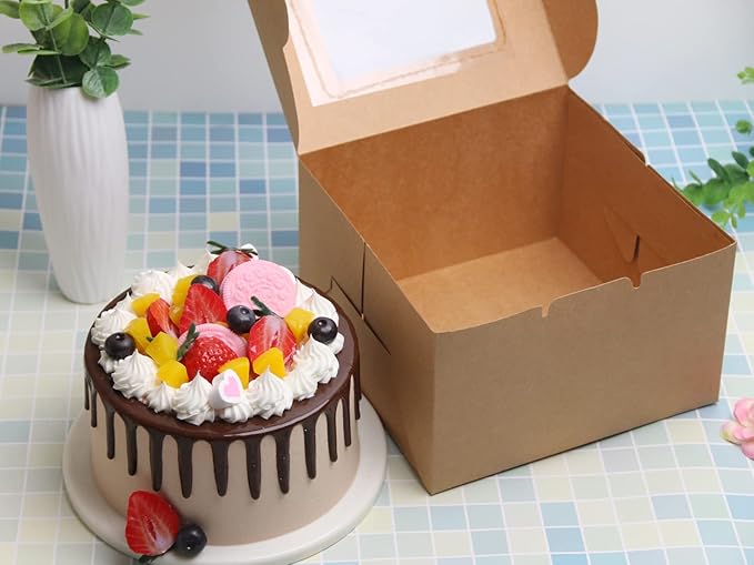 10Packs 8x8x5 Inches Brown Kraft Cake Boxes with Window, Gift Packing, Bakery Boxes, Dessert, Pastry, Cupcake, Pie Cookies, With Stickers,66 FT Twine