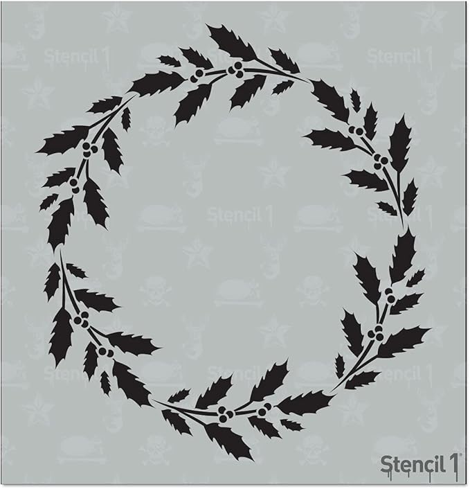 Stencil1 Holly Wreath Stencil – Reusable Winter Template for DIY Crafts, Holiday Decor, Painting on Wood, Fabric, Cards & More - 5.75" x 6"