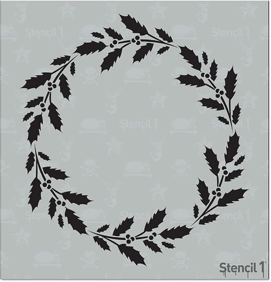 Stencil1 Holly Wreath Stencil – Reusable Winter Template for DIY Crafts, Holiday Decor, Painting on Wood, Fabric, Cards & More - 5.75" x 6"