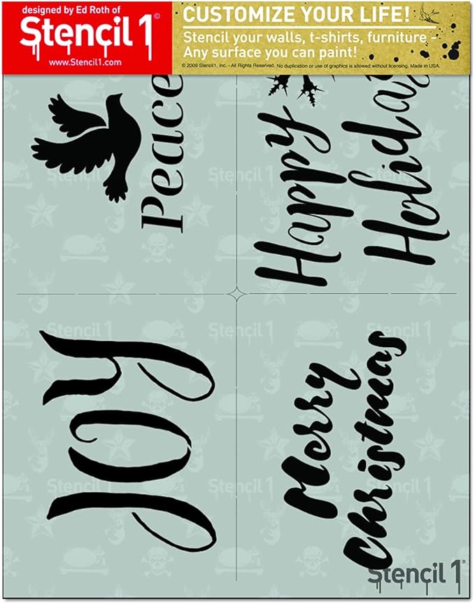 Stencil1 Holiday Greetings 4 Pack Set Stencil – Reusable Winter Christmas Template for DIY Crafts, Holiday Decor, Painting on Wood, Fabric, Cards & More - 8.5" x 11"
