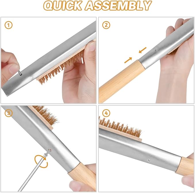 Pizza Oven Brush, 26" Brush and Stainless Steel Scraper for Pizza Stone, BBQ Grill Cleaning Brush Non Scratch Heat Proof Brass Bristles with Screwdriver, Outdoor Pizza Oven Accessories