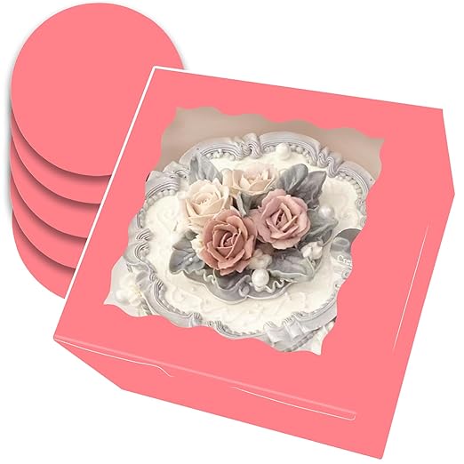 qiqee 8x8x5 Cake Box, 18 Sets Coral Orange Cake Box with Window ＆ 18 Sets 8" Coral Orange Cake Round Boards, 8inch Cake Containers
