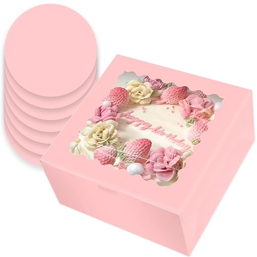 qiqee 10x10x5 Cake Box, 4 Sets Pink Cake Box with Window ＆ 4 Sets 10" Pink Cake Round Boards, 10inch Cake Containers