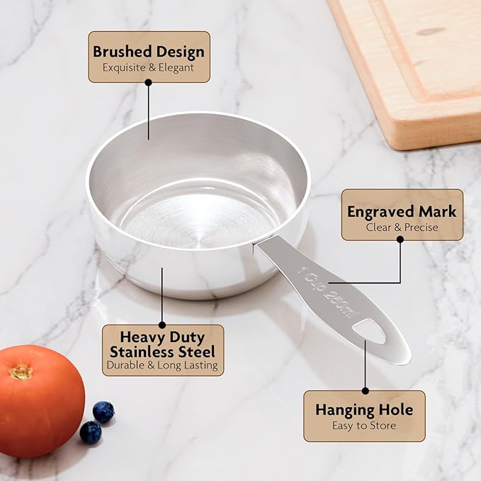 2PCS 1/4Cup(59ml) Stainless Steel Measuring Cup, Heavy-duty Single Metal Scoop for Wet and Dry Ingredients, Great Kitchen Gadgets for Cooking
