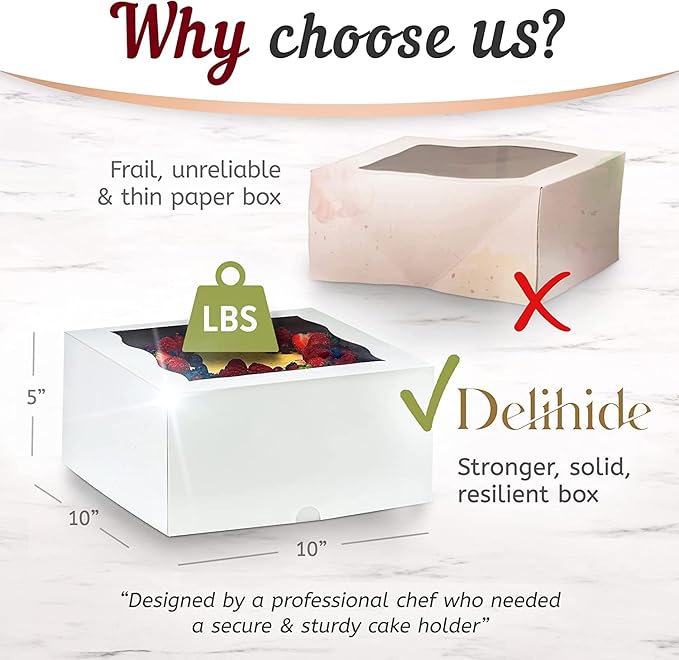 Premium Cake Boxes with Cake Boards Set - 12 Front-Loading Sturdy Cardboard Cake Boxes 10", 12 White/Gold Greaseproof Boards 10 Inch - Window Cake Box Set