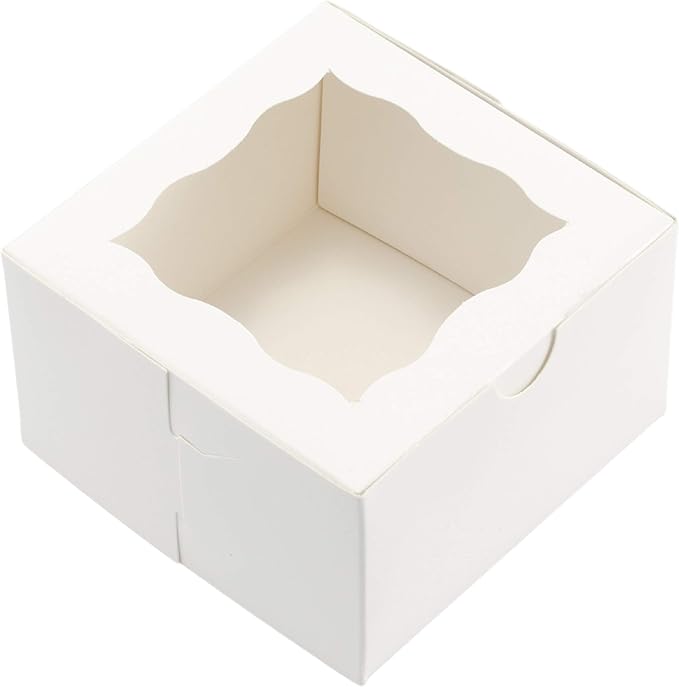 BAKELUV 25pcs White Small Cookie Boxes with Window, 4x4x2.5 Inches Bakery Boxes, Mini Cake, Treats, Macaron Packaging, Individual Cupcake, Gift Giving