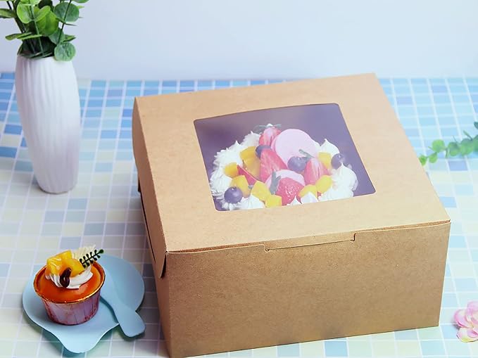 PQZKLDP 10Packs 10x10x5 Inches Brown Kraft Cake Boxes with Window, Gift Packing, Bakery Boxes, Dessert, Pastry, Cupcake, Pie Cookies, With Stickers,66 FT Twine (10 * 10 * 5 Inch, Brown)