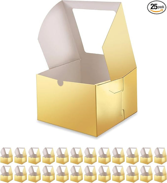 25 Gold Bakery Boxes with Window 5x5x3.5 Inches, Dessert Boxes to Go with Window, Treat Boxes for Small Bakery, Dessert, Candy, Cookies, Pastry, Party Favors, Wedding Cake