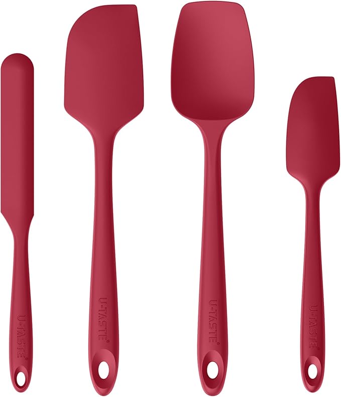 High Heat Resistant Silicone Spatulas: U-Taste 480ºF Hot Proof Food Grade Flexible Silicon Baking Scraper, Food Grade Rubber Kitchen Cooking Mixing Utensils for Nonstick Cookware Set of 4 (Red)