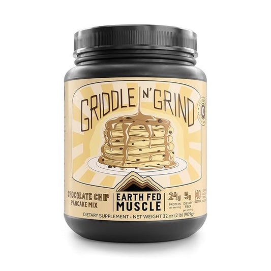 Earth Fed Muscle Griddle N' Grind Chocolate Chip Protein Pancake Mix & Waffle Mix – Protein Pancakes Gluten Free, High Protein & Fiber, Just Add Water – 2lbs, 13 Servings
