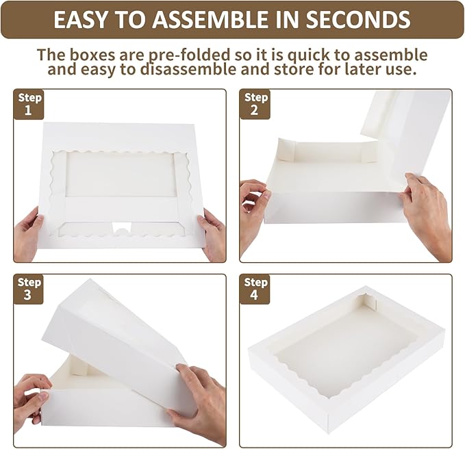Moretoes 30pcs Cookie Boxes, 16x11x2.5 Inches Auto-Popup Bakery Boxes with Window for Pastries, Pies, Muffins, Chocolate Covered Strawberries