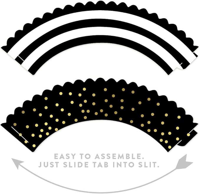 Andaz Press Party Cupcake Wrapper Decorations, Black Stripes and Metallic Gold Ink Polka Dots, 24-Pack, Theme Colored Bulk Cake Supplies