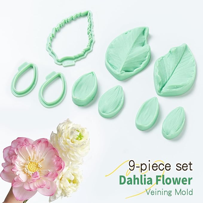 9Pcs Floral Fondant Mold Assortment, Mixed Flower Petal Veining Molds and Cutters for Sugar Craft and Candy Decoration