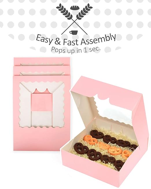 qiqee Auto-pop up Pink Bakery Boxes 50 Packs Pastry Box 8x8x2.5 inch Pie Boxes With Window
