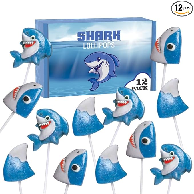 Shark Candy Lollipops - 12 Individually Wrapped Suckers - Great for Baby Shark Theme - Ocean - Under the Sea - Shark Birthday Party Favors - Cute Candy