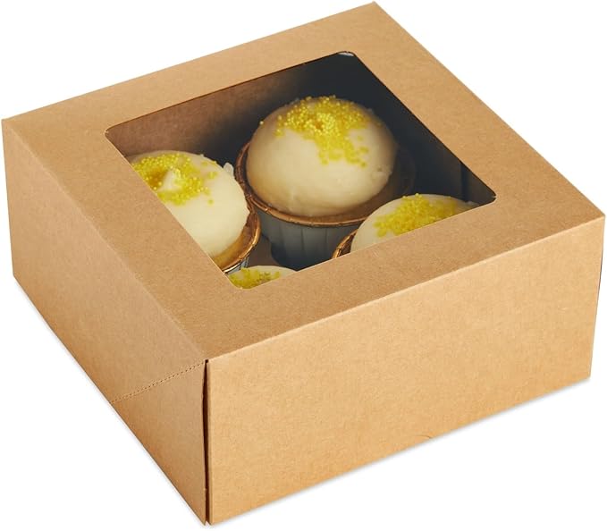 Juvale Cupcake Boxes - Clear Window Display - Easy Assembly for Muffin Packaging - Food Grade Cupcake Containers - Pack of 24, 6-Count, Brown Paperboard, 9.4 x 6.2 x 2.9 in