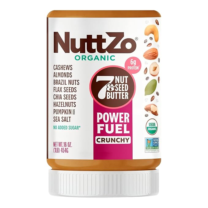 NuttZo Organic Power Fuel 7 Nuts and Seeds Butter, Crunchy, Paleo and Keto Friendly, Peanut and Gluten Free, Kosher, No Added Sugar or Oil, 16 oz Jar